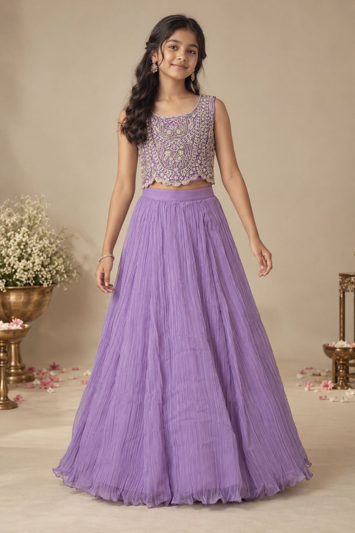 Girls Heavy Bead Embroidered Lavender Lehenga Choli Set