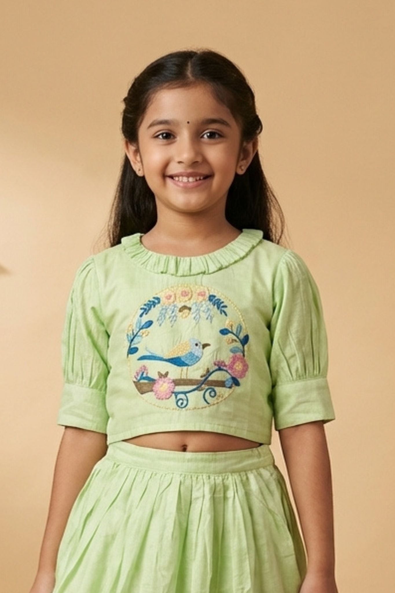 Pastel Green Bird Embroidered Lehenga Choli Set For Girls