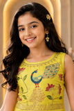 Yellow Sleeveless Choli And Lehenga Set With Peacock  Motifs Zari Embroidery For Girls