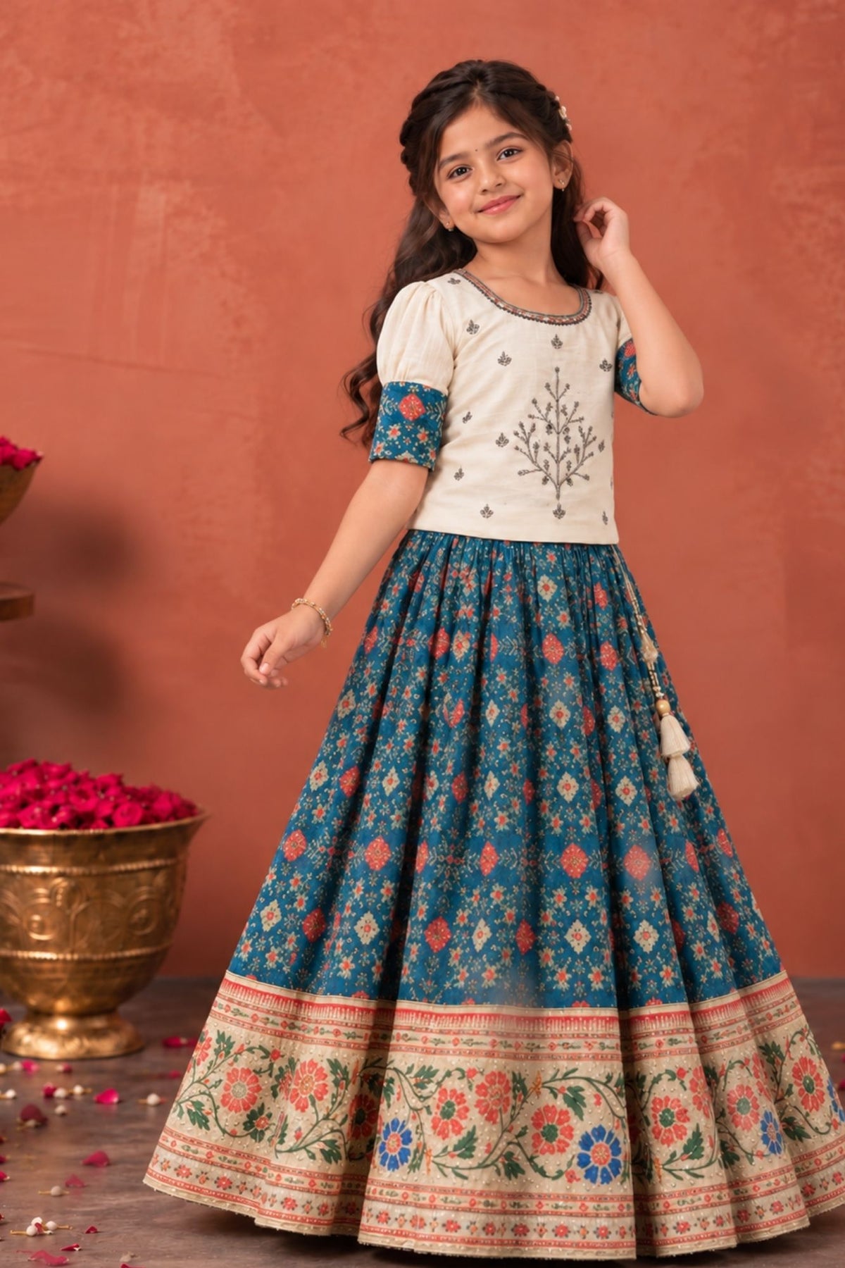 Ivory And Teal Blue Silk  Pattu Pavadai For Girls