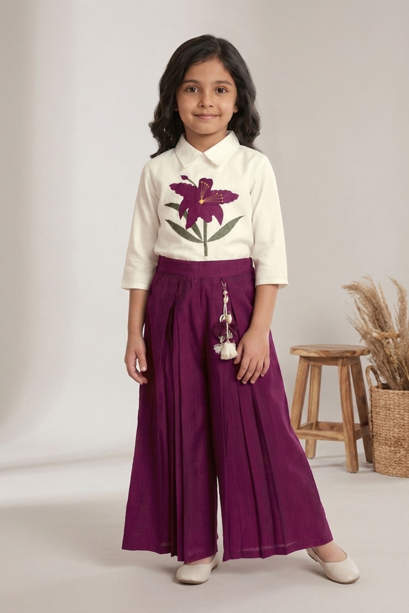 Girls White Floral Embroidered Top with Wine Pleated Palazzo Pants Set