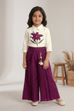 Girls White Floral Embroidered Top with Wine Pleated Palazzo Pants Set