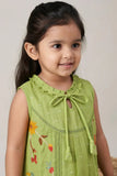 Girls Green Embroidered Dress with Tie-Up Neck