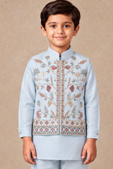 Boys Powder Blue Floral Embroidered Kurta Set With Jacket