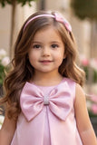 Girls Pastel Pink Bow And Floral Applique Party Wear Frock
