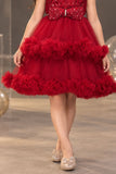 Maroon Sequin Work And Bow Embellished Party Frock For Girls