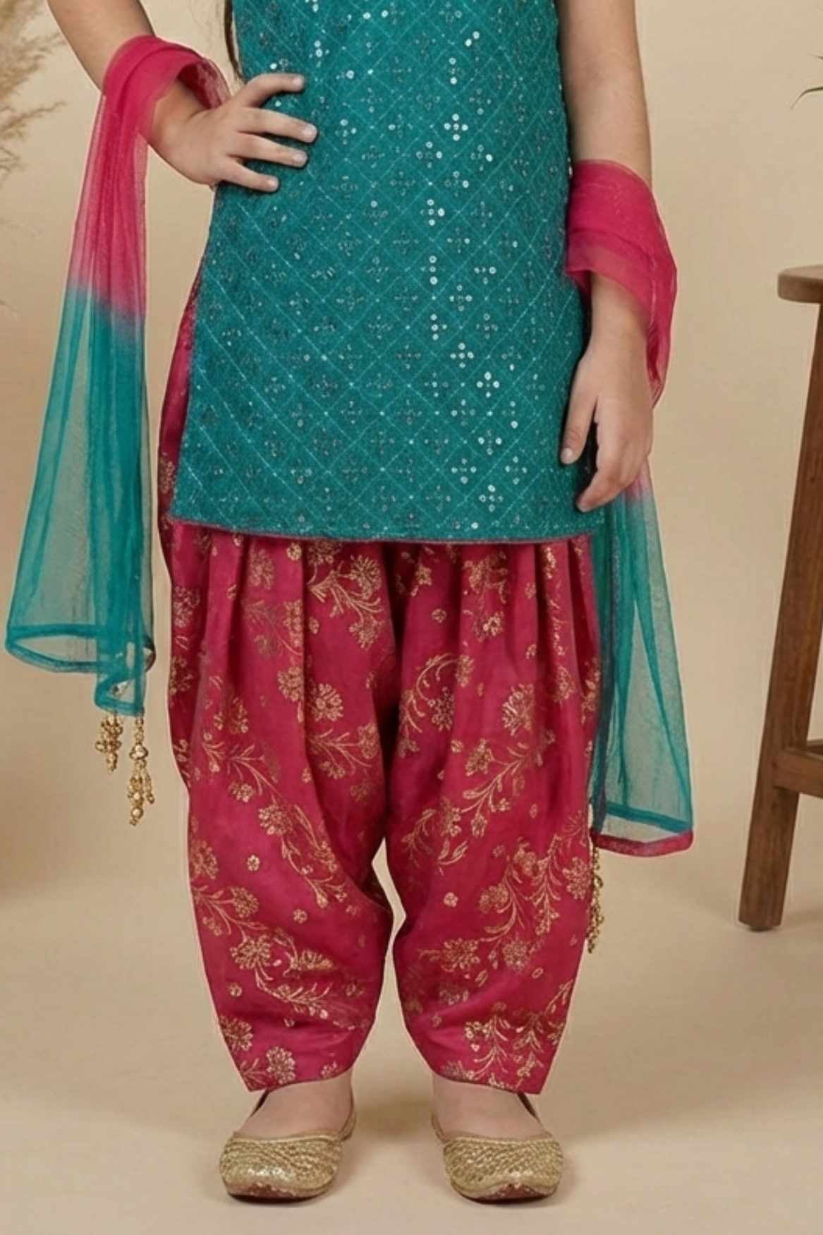Green & Red Sequins Embroidered Patiala Set with Dupatta For Girls