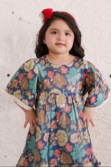 Blue Floral Printed Casual Frock With Bell Sleeves For Girls