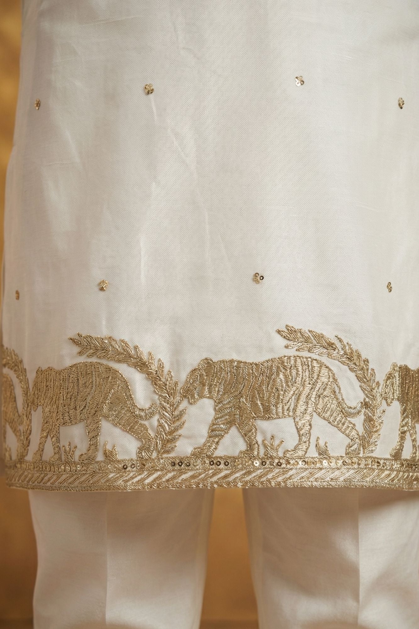 Boys White Kurta Pajama Set With Golden Zari Embroidery And Shawl