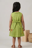 Girls Green Embroidered Dress with Tie-Up Neck