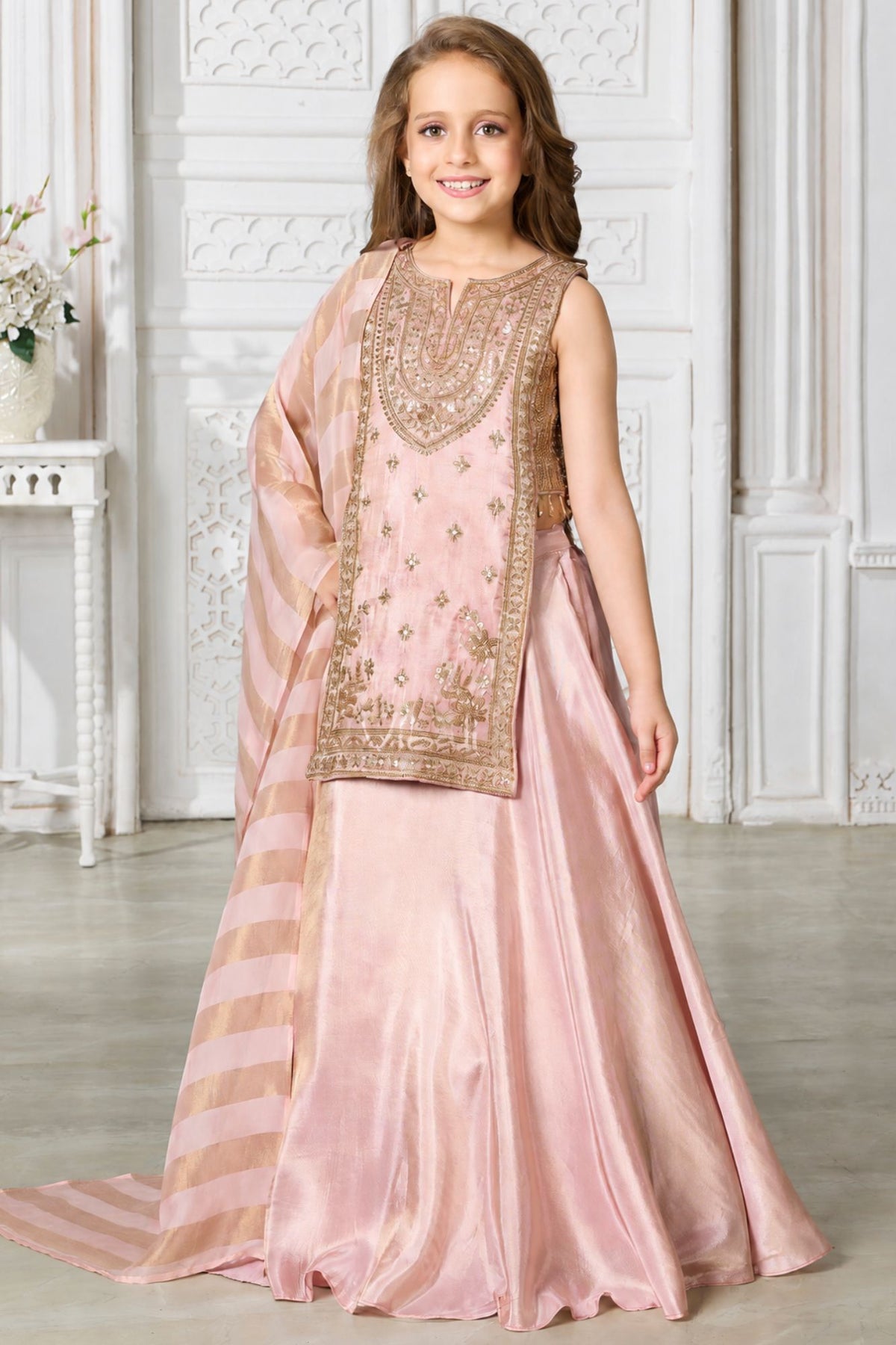 Girls Elegant Pink & Gold Embroidered Lehenga Choli Set