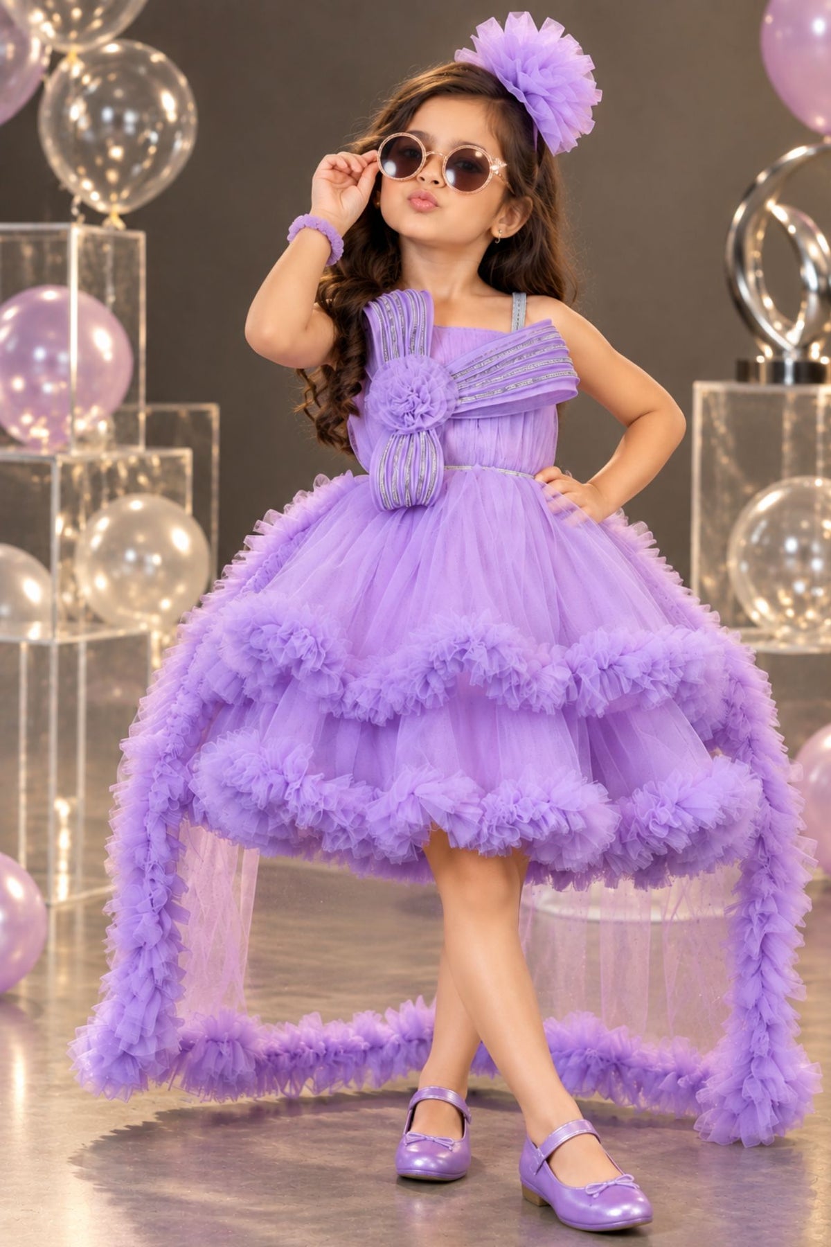 Lavender Layered Ruffle Party Frock With Tailback For Girls