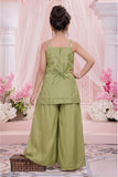 Girls Pista Green Palazzo Set with Heavy Floral Embroidered Kurti And Dupatta