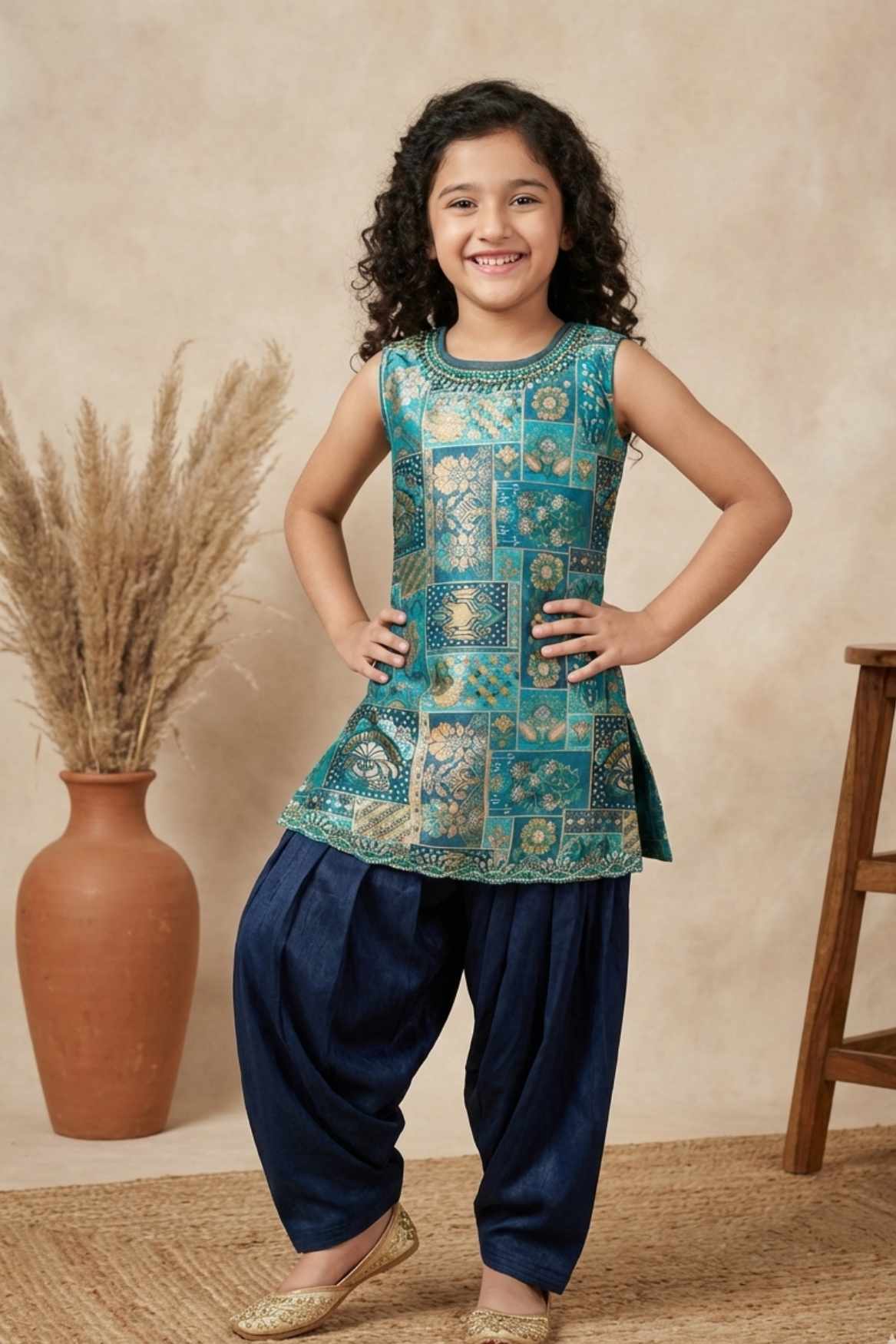 Teal Blue Brocade Kurta With Patiala Bottom For Girls
