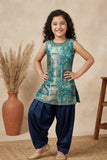 Teal Blue Brocade Kurta With Patiala Bottom For Girls