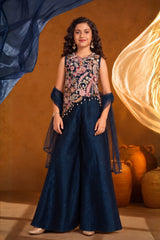 Girls Dark Blue Embroidered Asymmetric Top with Flared Palazzo And Dupatta Set