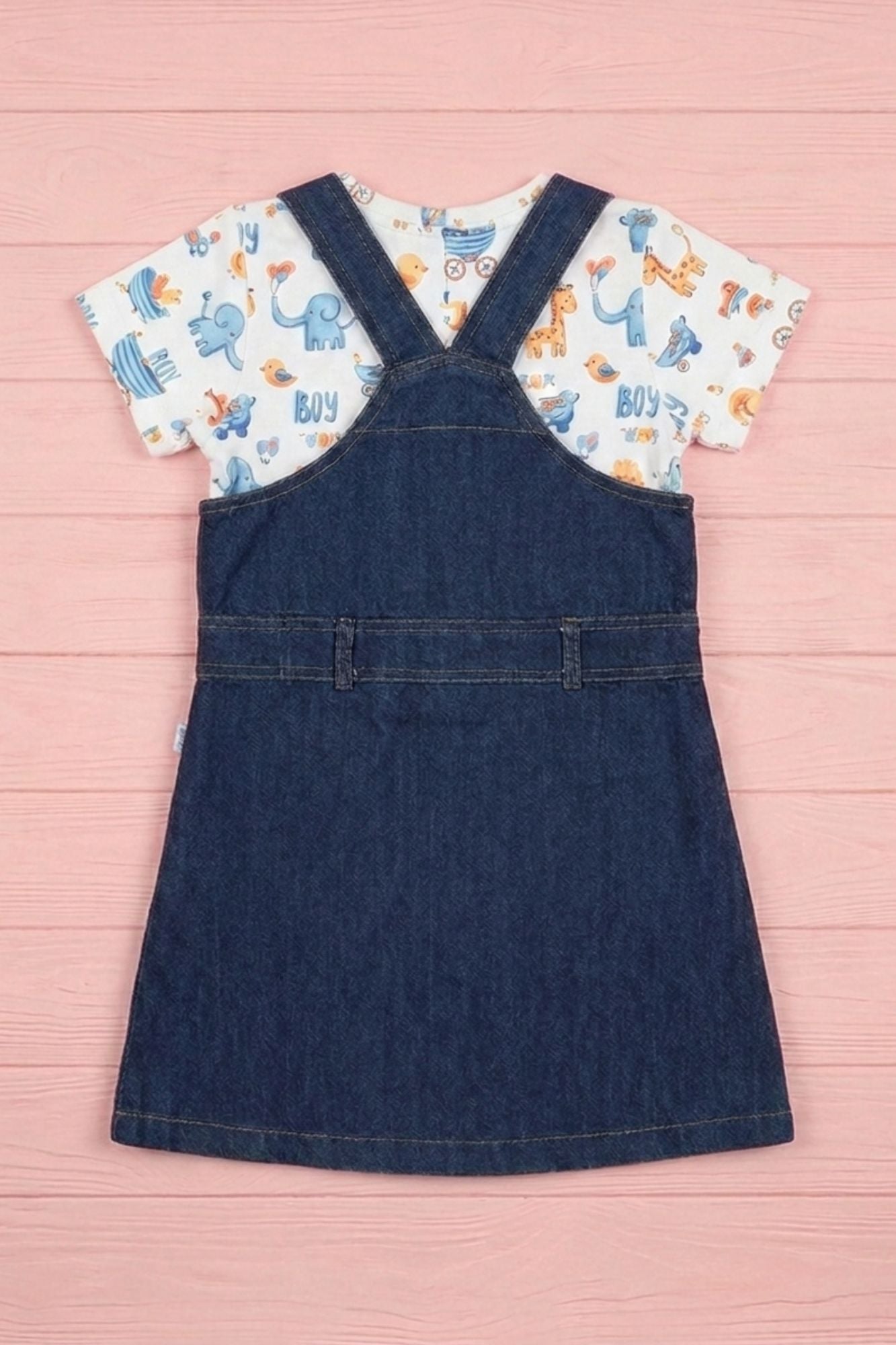 Girls Blue Denim Dungaree  Set with Printed Tee