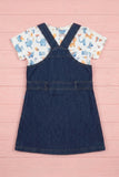 Girls Blue Denim Dungaree  Set with Printed Tee
