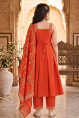 Girls Rust Orange Embroidered Sleeveless Kurta Set With Dupatta