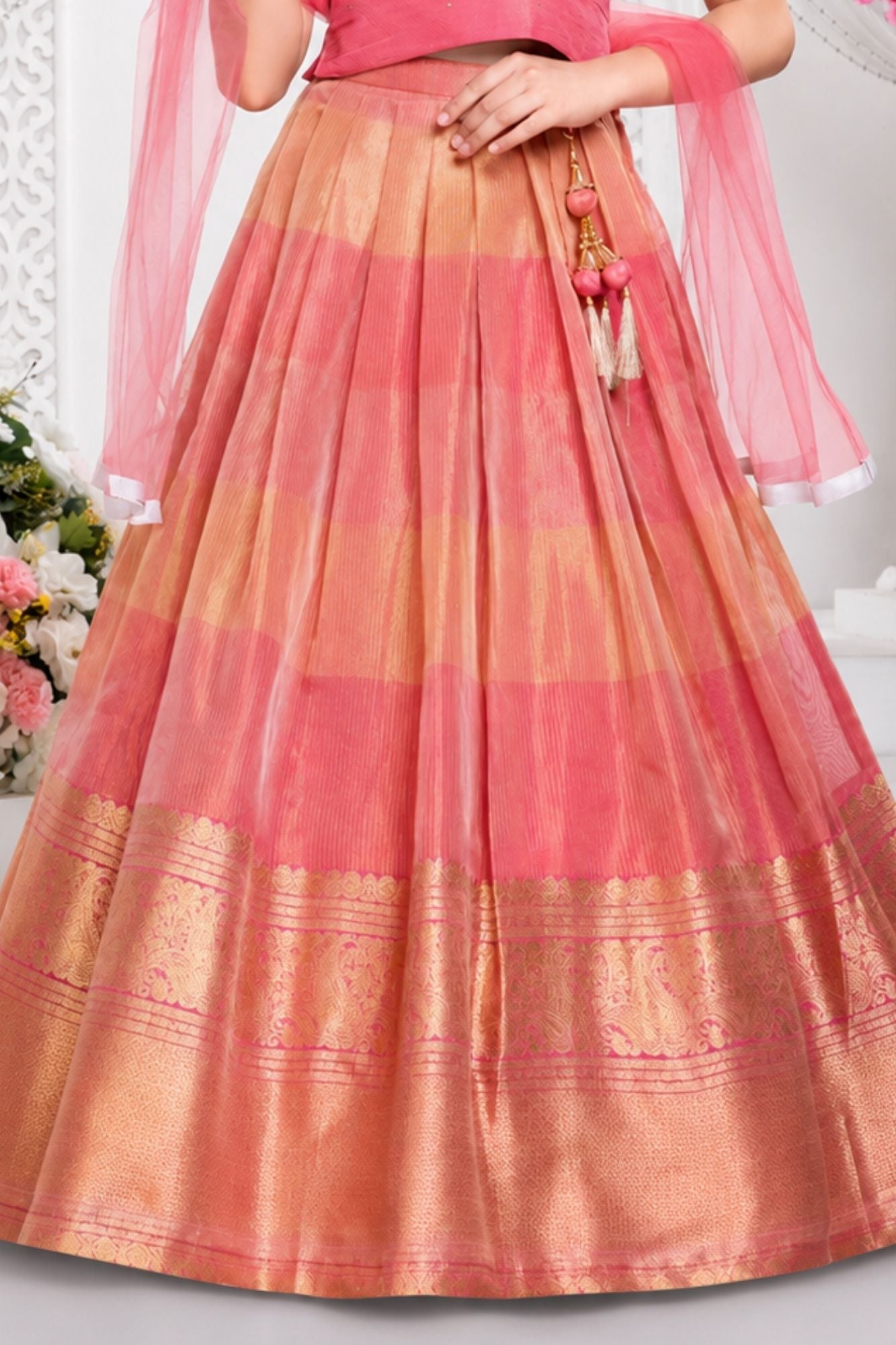 Coral Pink Floral Zari Embroidered Lehenga Choli Set
