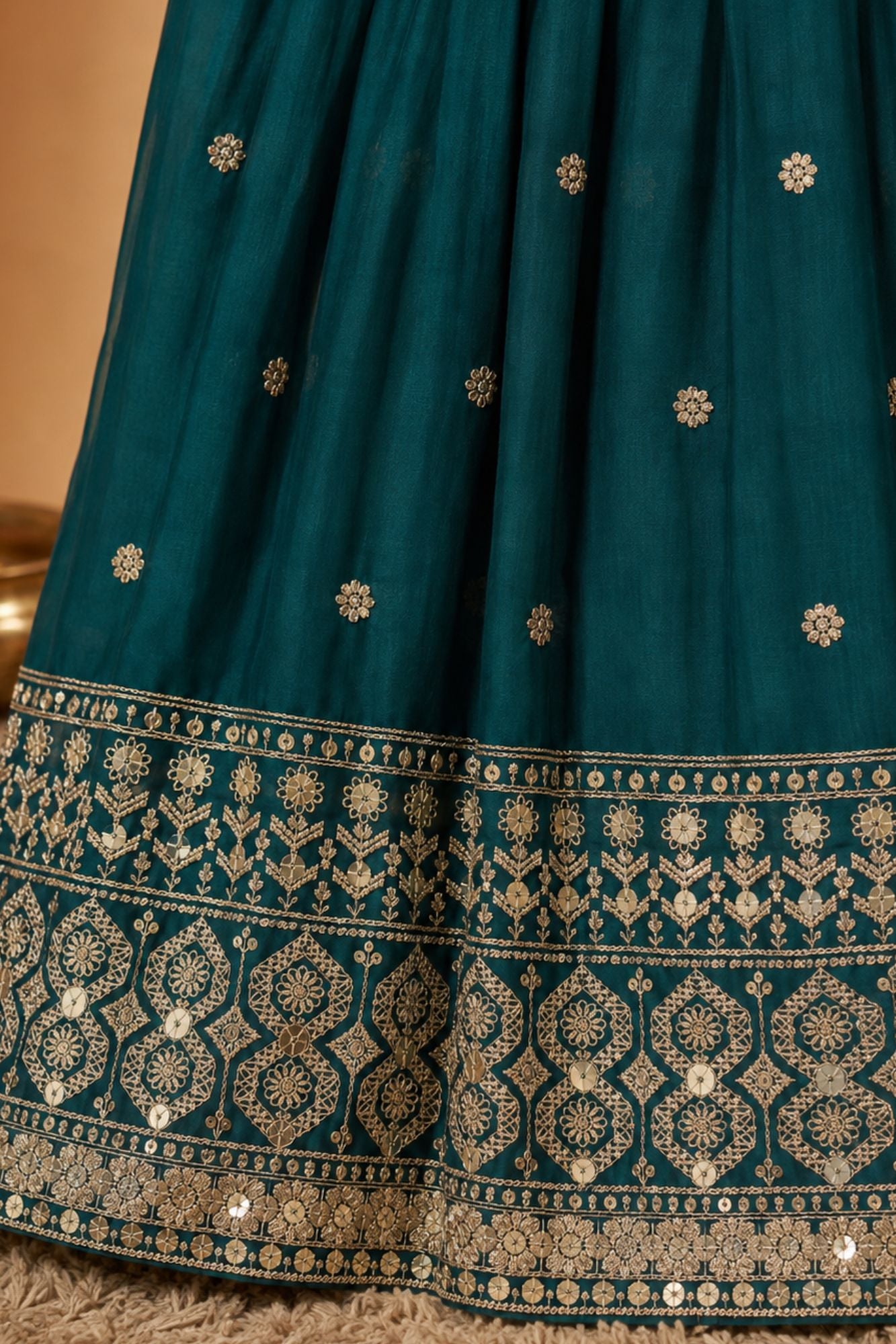 Bottle Green Sequins Work And Zari Embroidered Ethnic Gown For Girls