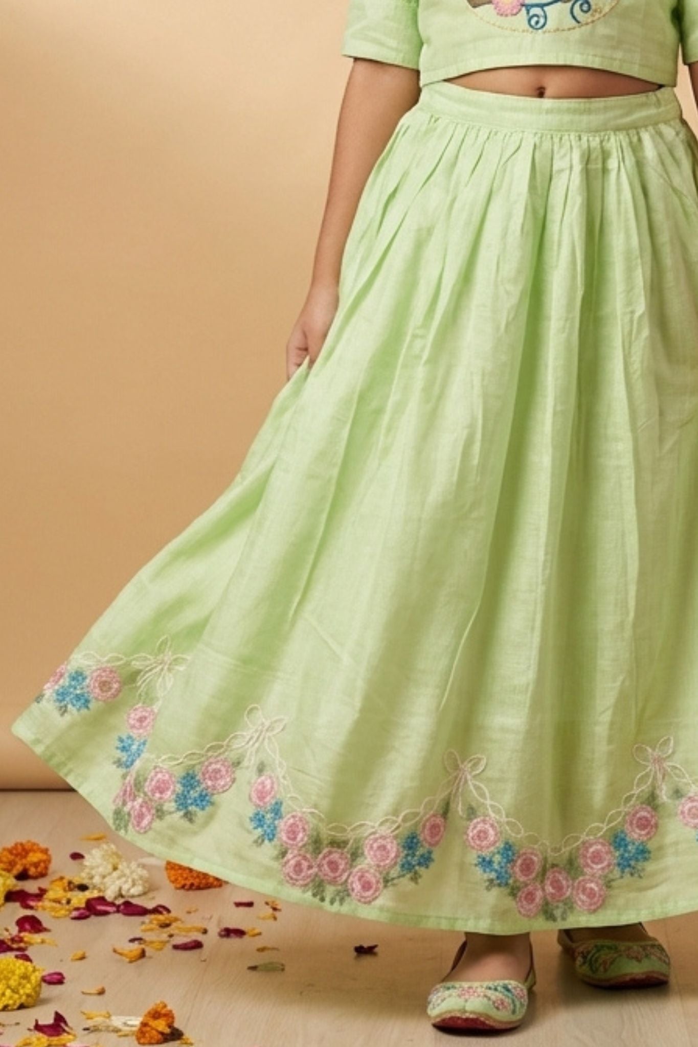 Pastel Green Bird Embroidered Lehenga Choli Set For Girls