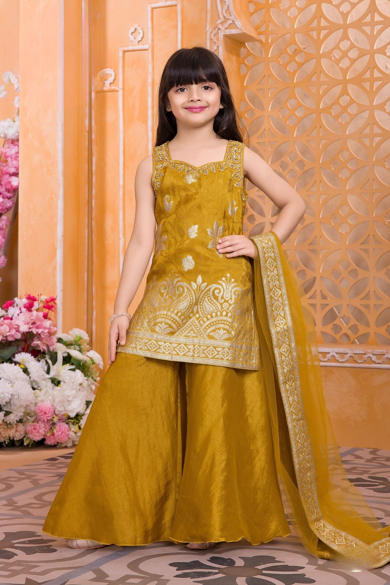 Mustard  With Gold zari Embroidered Palazzo Set with Dupatta