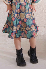 Blue Floral Printed Casual Frock With Bell Sleeves For Girls