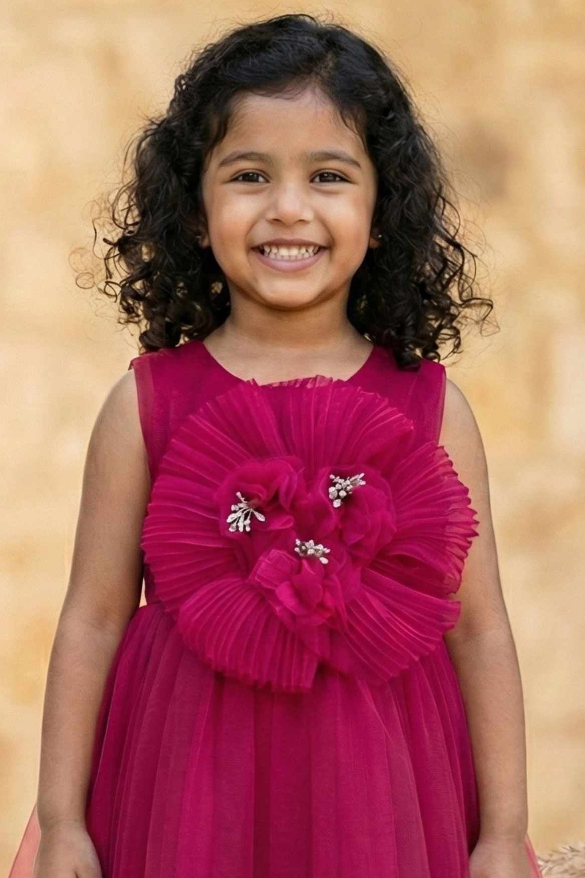 Rani Pink Party Frock with Oversized Floral Appliqué For Girls