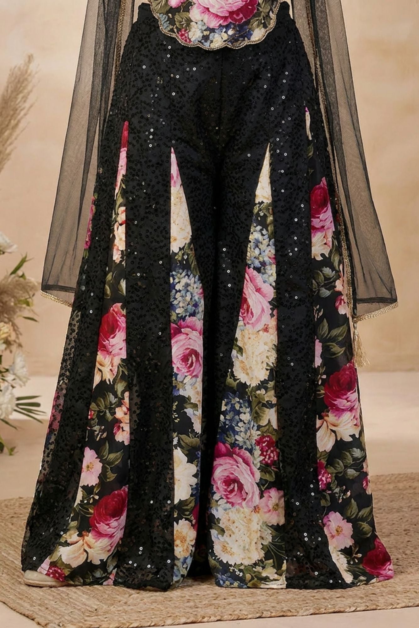 Black Floral Printed Palazzo Set With Sequin Overlay And Dupatta For Girls