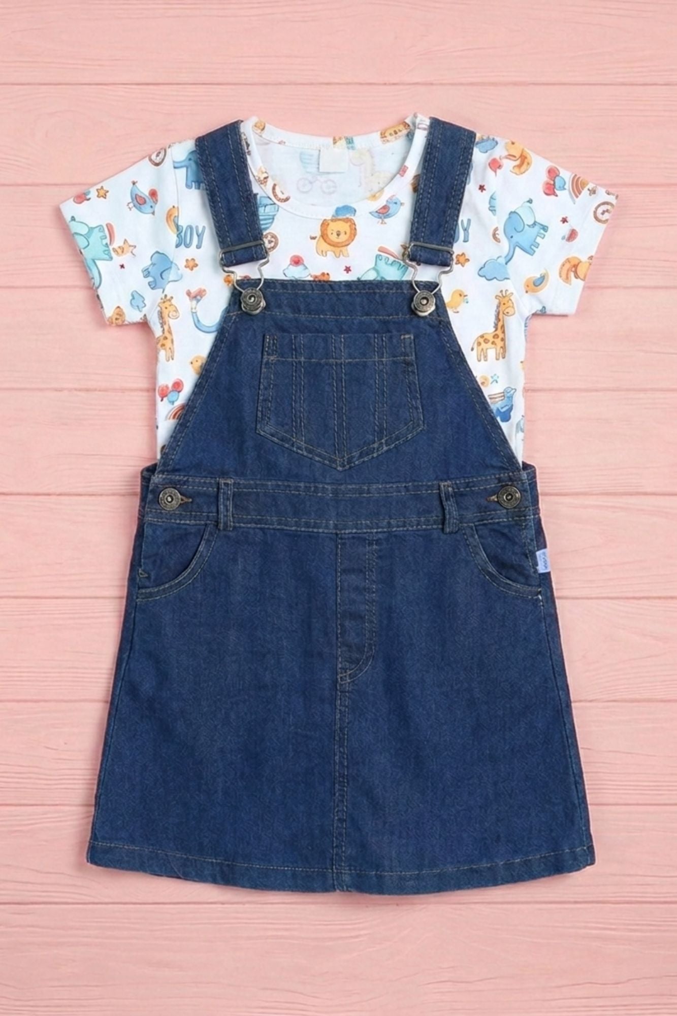 Girls Blue Denim Dungaree  Set with Printed Tee