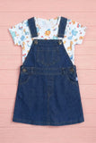 Girls Blue Denim Dungaree  Set with Printed Tee