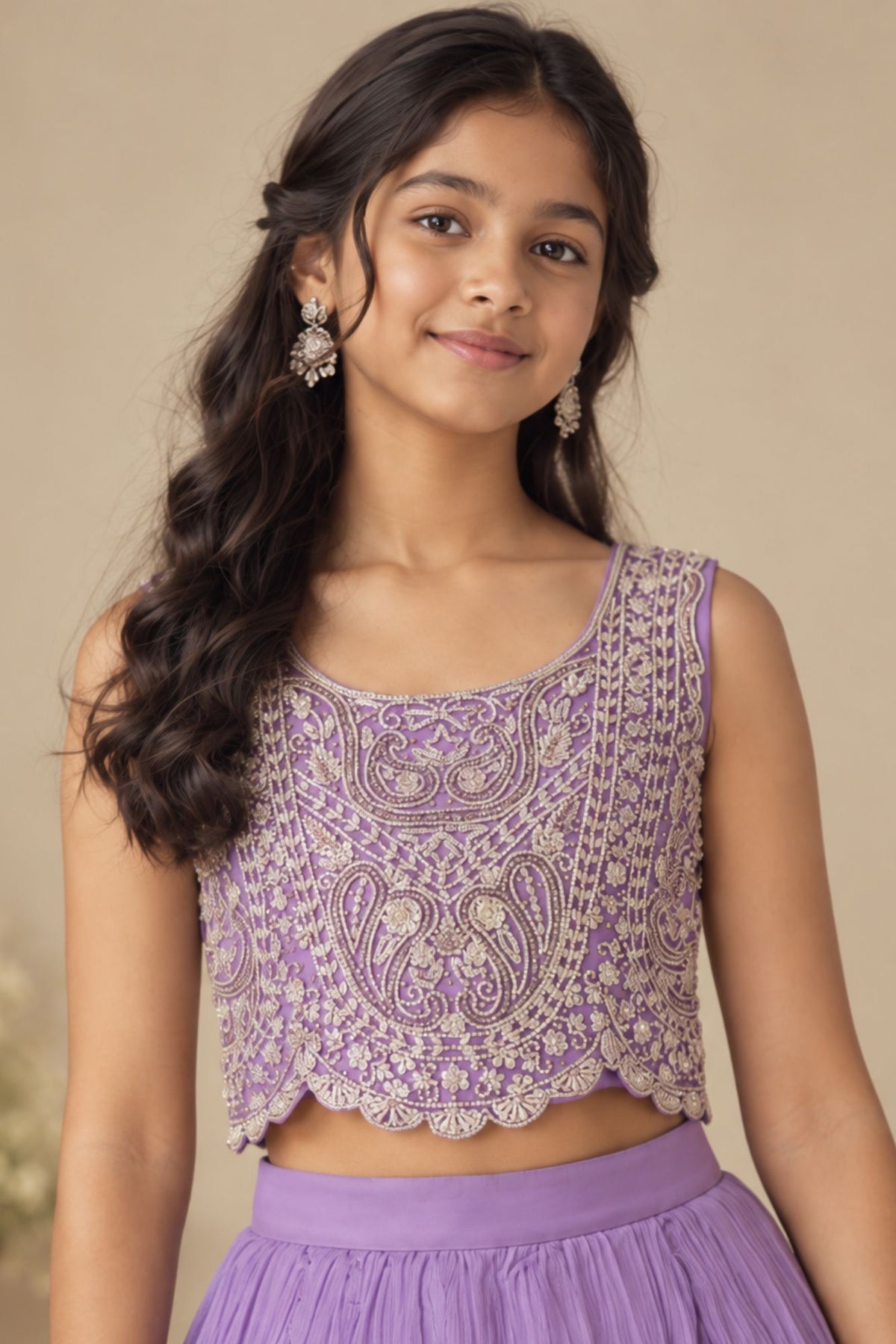 Girls Heavy Bead Embroidered Lavender Lehenga Choli Set