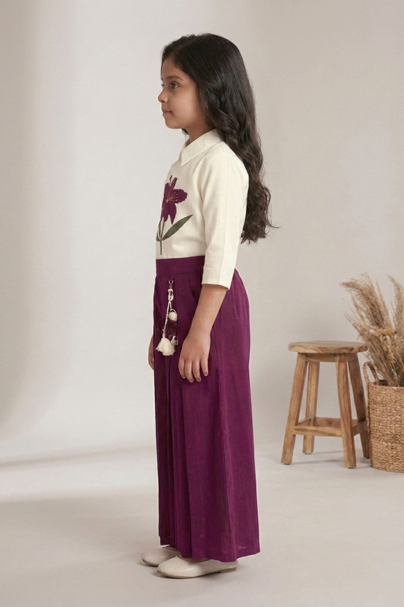 Girls White Floral Embroidered Top with Wine Pleated Palazzo Pants Set