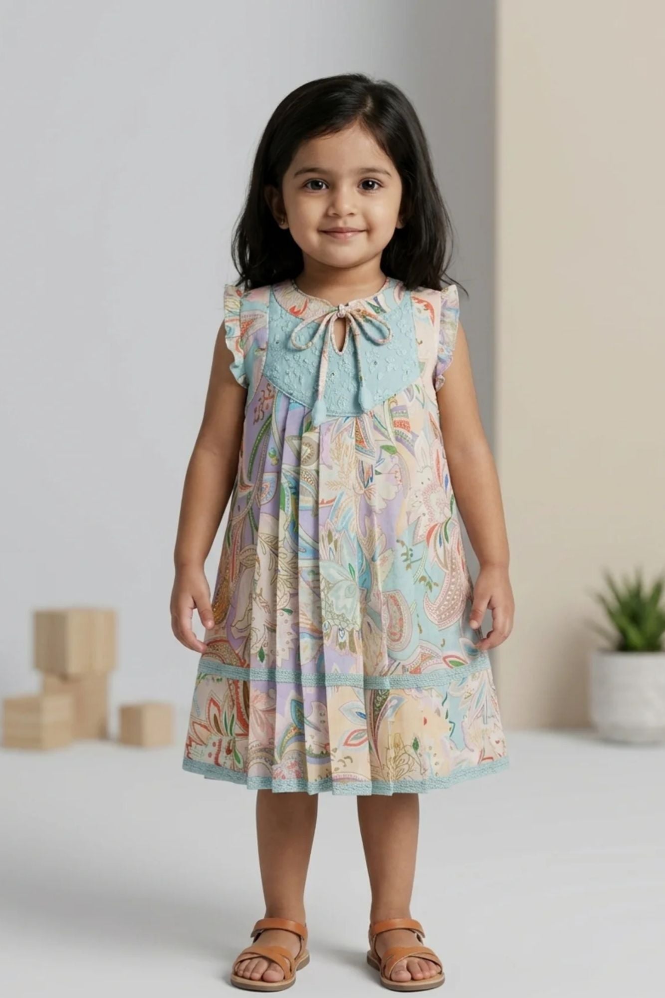 Girls Blue Dress with Multicolor Print And Embroidery Yoke