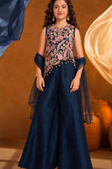 Girls Dark Blue Embroidered Asymmetric Top with Flared Palazzo And Dupatta Set