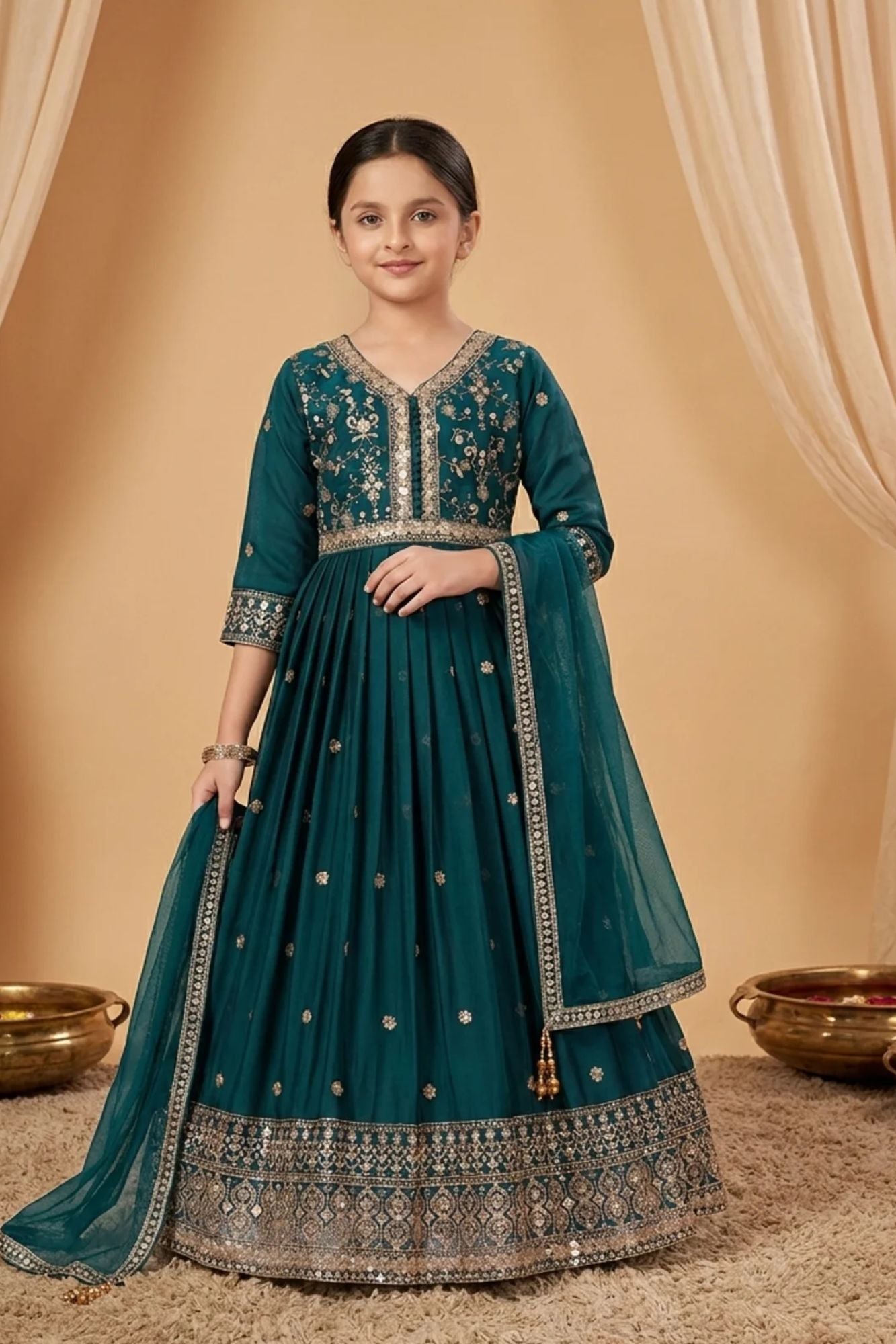 Bottle Green Sequins Work And Zari Embroidered Ethnic Gown For Girls