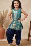 Teal Blue Brocade Kurta With Patiala Bottom For Girls