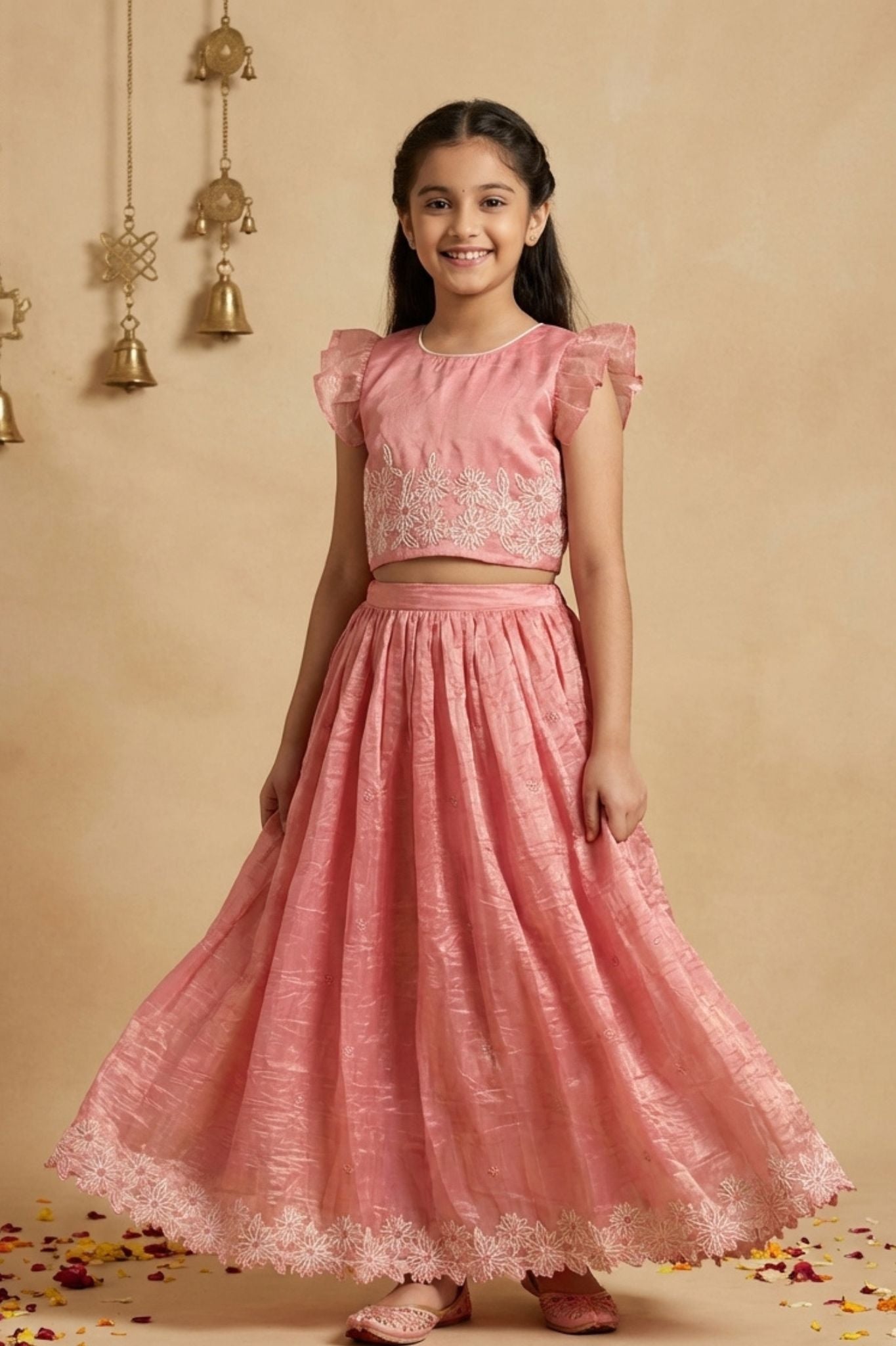 Blush Pink Shimmer Embroidered Lehenga Choli Set For Girls
