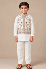 Boys Ivory Floral Embroidered Kurta Set With Jacket