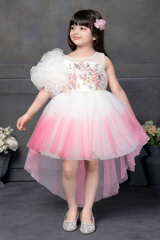 White And Pink Double Shaded Frock With Sequined Work For Girls