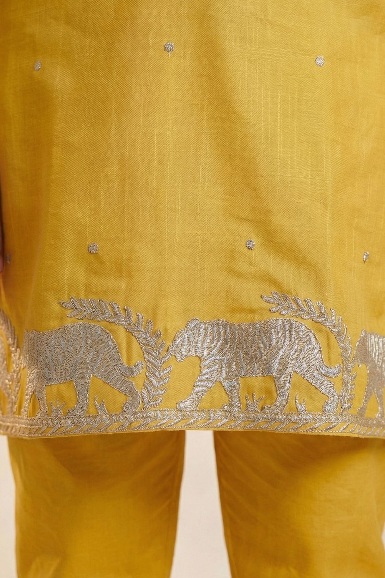 Boys Yellow Kurta Pajama Set With Golden Zari Embroidery And Shawl