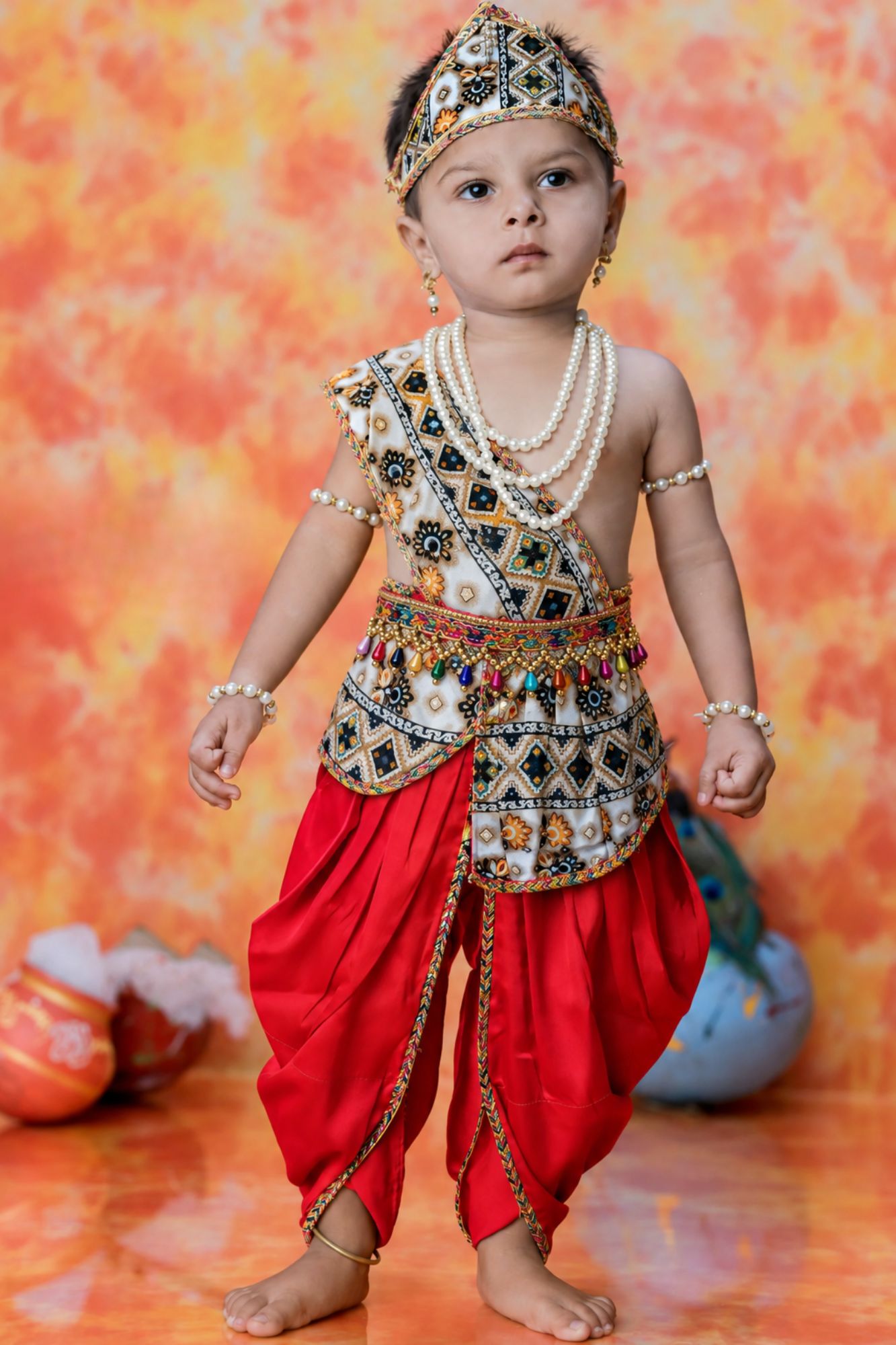 Boys Red Geometric And Floral Printed Krishna Dhoti Set with Accessories