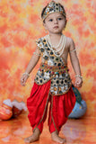 Boys Red Geometric And Floral Printed Krishna Dhoti Set with Accessories
