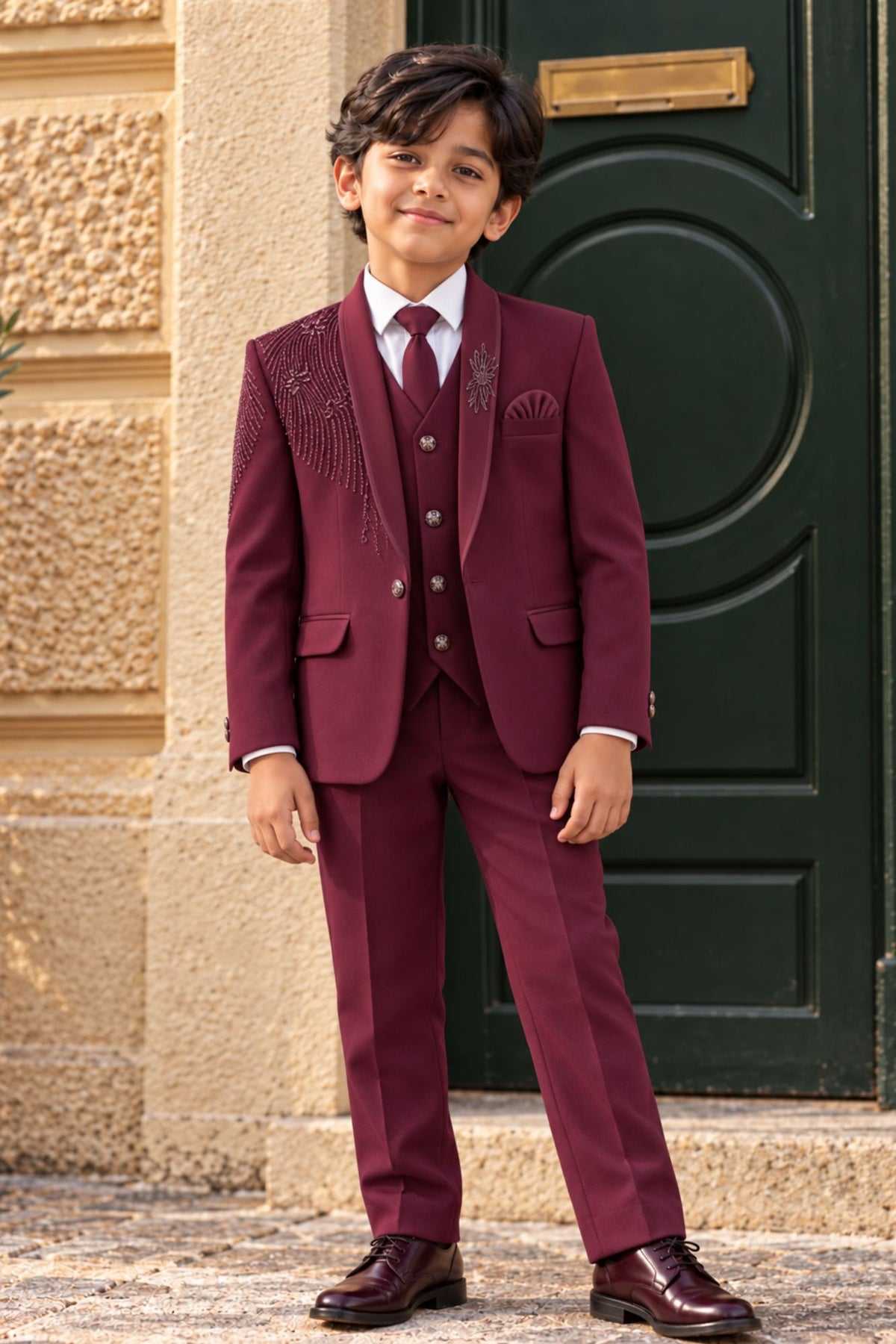 Maroon Premium Boys 5-Piece Suit Set For Boys