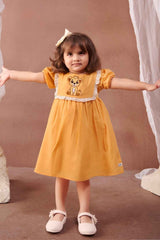 Yellow Casual Embroidered With Lace Around The Yoke Frock For Girls