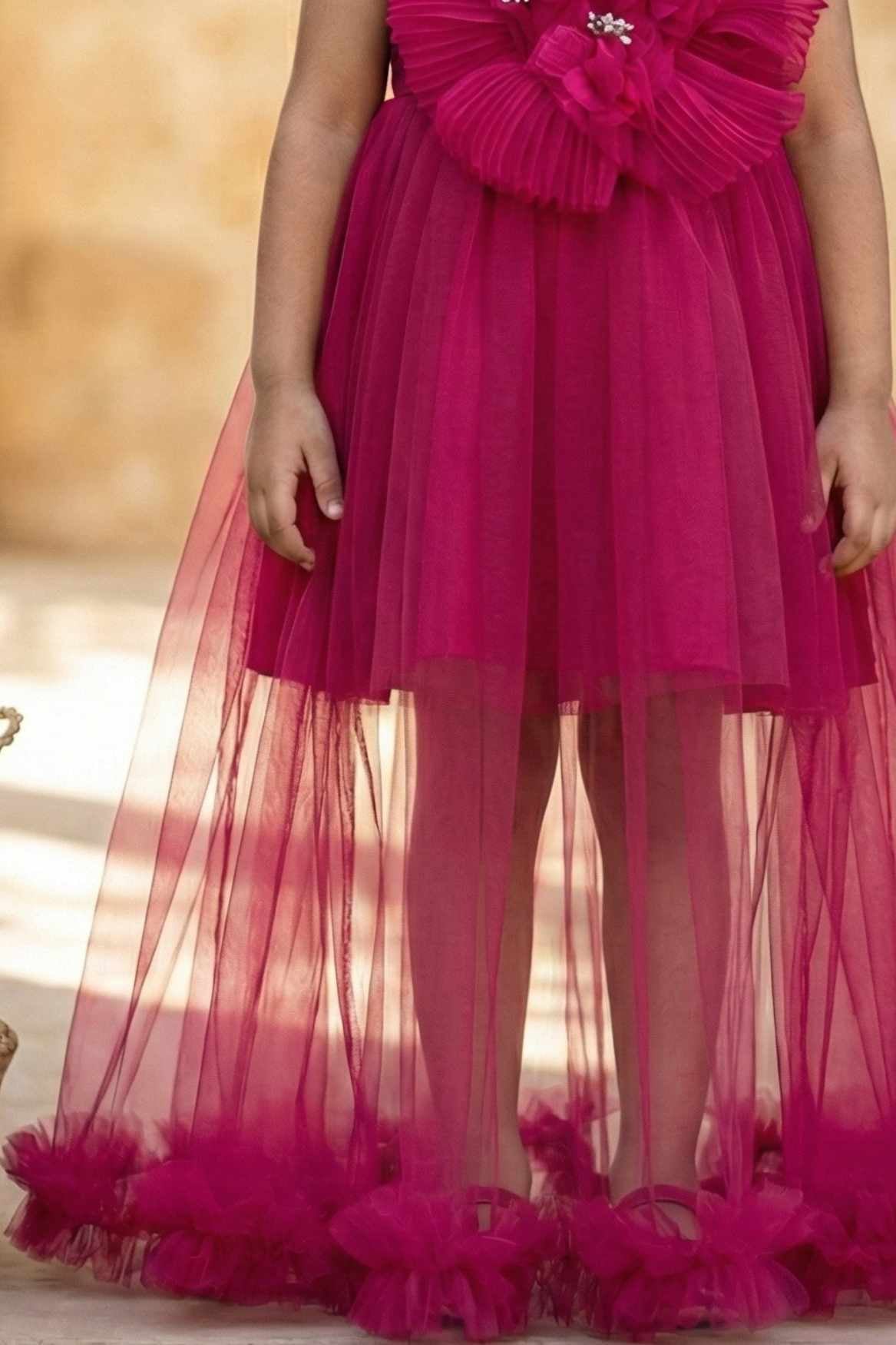 Rani Pink Party Frock with Oversized Floral Appliqué For Girls