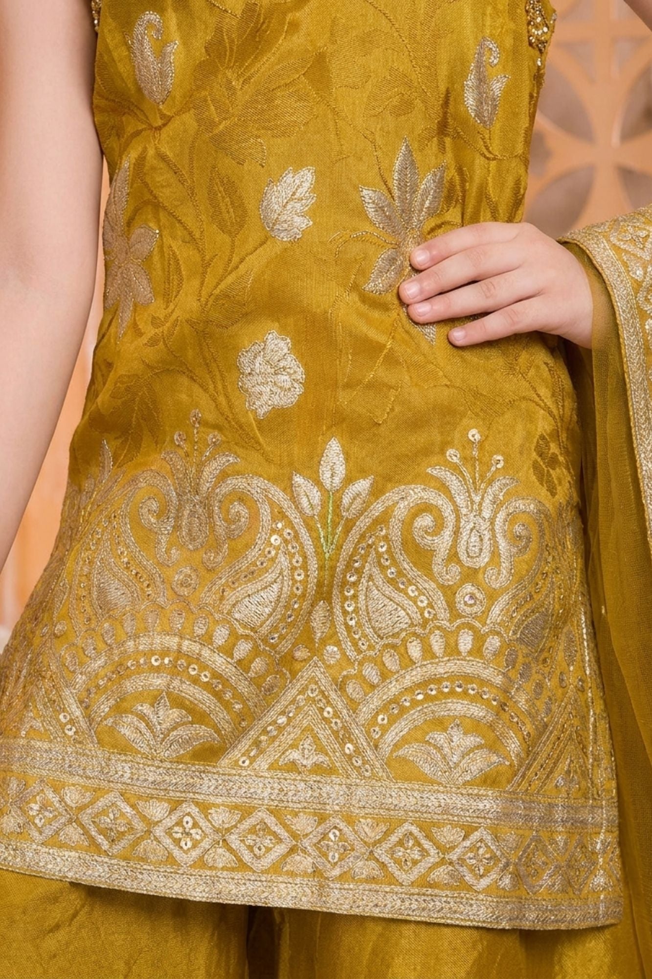 Mustard  With Gold zari Embroidered Palazzo Set with Dupatta