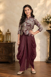 Girls Wine Floral Embroidered Top With Dhoti Skirt Set