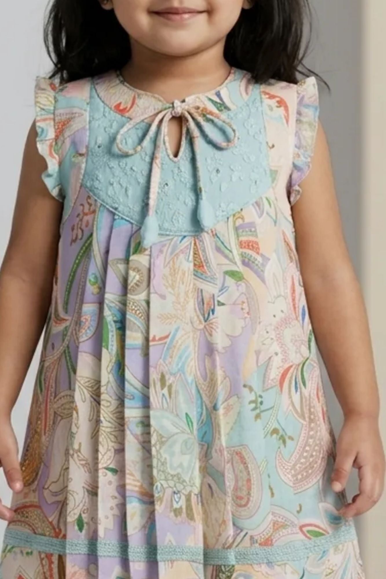 Girls Blue Dress with Multicolor Print And Embroidery Yoke